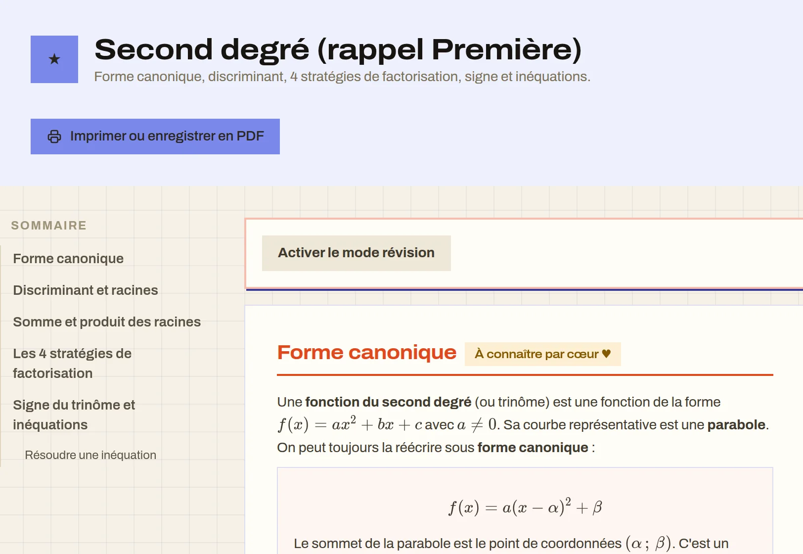 Aperçu du haut de la fiche Second degré (rappel Première) : titre, sommaire et début du cours sur la forme canonique.
