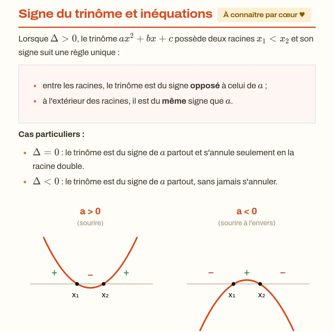 Aperçu d'un passage du cours : règle de signe du trinôme et courbes pour a positif et a négatif.